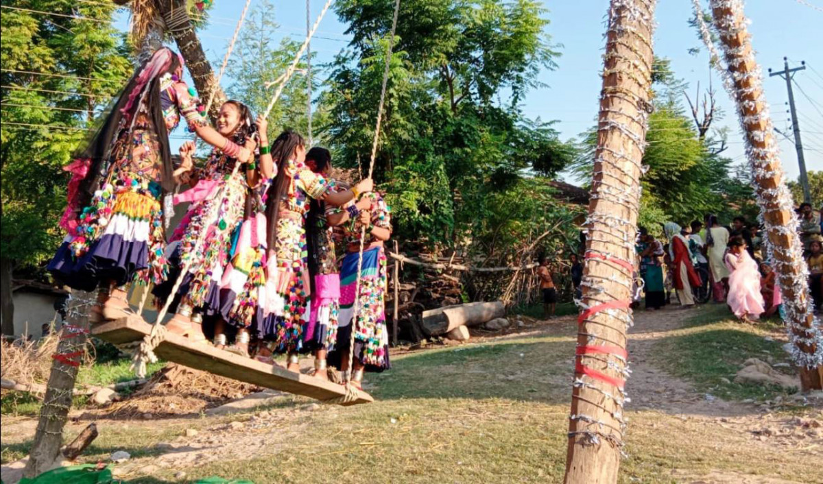 कञ्चनपुरका  राना थारु गाउँमा सुरु भयो सावनको डोलाको रौनक